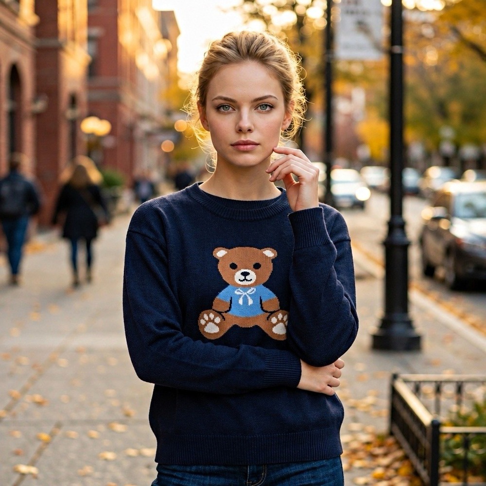 Arden B Womens M Navy Blue Teddy Bear Graphic Knit Pullover Sweater 78069J